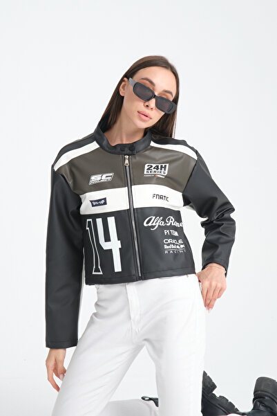 Black Level Oversize γυναικείο δερμάτινο παλτό - Μπουφάν Bomber Racer με στάμπα, ρίγες, φερμουάρ και γαρνιτούρα