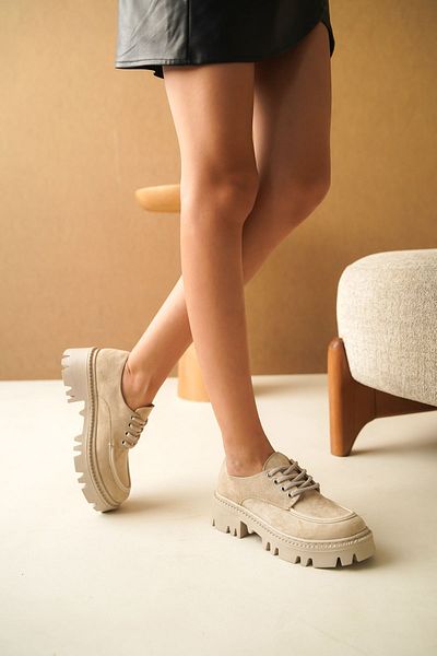 MODAADAM Mocasini pentru dama Nuno Nude Suede - Pantofi cu siret