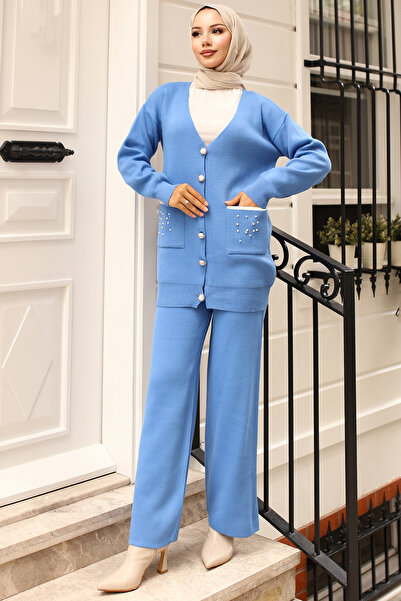 benguen Blue Knitwear Set - 4066 Model, Stone Detailed Pocket