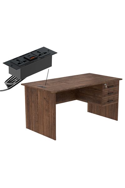 Mahmayi Writing Table With Hanging Pedestal Attached Desktop Socket With USB AC Port - Brown