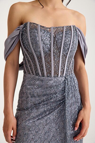 MAXXE 5824PSAT KOLLARI SATEN PAYET TÜL ELBİSE