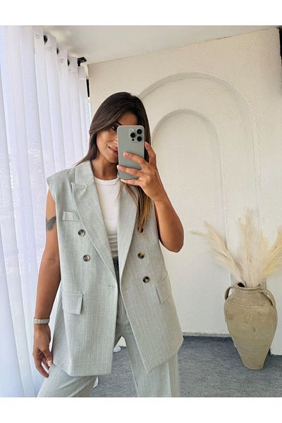 Trend Marfa Atlas Fabric Premium Size Sleeveless Jacket Vest Set with Pants