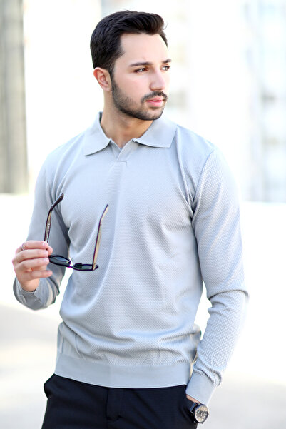 JB John Borners Ανδρικό γκρι γιακά πόλο 100% Micro Flament πλεκτό πλεκτό φούτερ - 1920