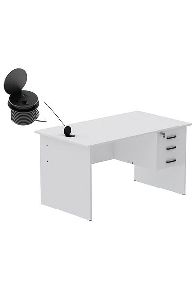 Mahmayi Modern Writing Study Table With Hanging Pedestal Attached And Round Desktop Power Module - White