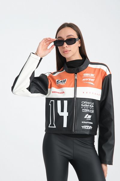 Black Level Women's Oversize Leather Coat - Printed, Stripe, Zip-Up, Garnished Bomber Racer Jacket