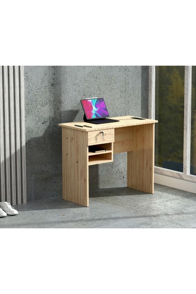 Mahmayi Solama MP1 9045 Office Desk with Paper Rack- Oak with Black BS01 Desktop Socket