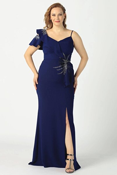 Moda Berray 21927 Lacivert Omuzu Iki Katlı Beli Taş Işlemeli Kadın Büyük Bede...