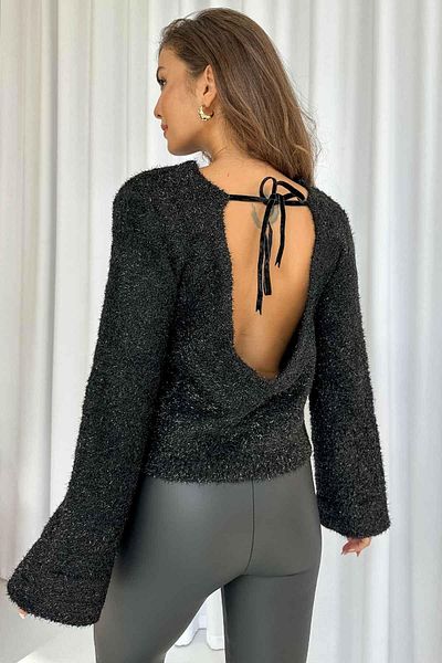 Mine Tan Butik Pulover decoltat cu sclipici negru
