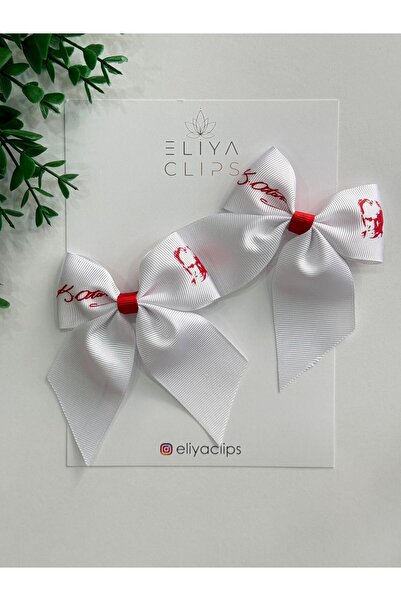 Eliya Clips 2 Adet Beyaz (kırmızı baskı) Kurdele Atatürk Silüeti ve İmza 23 N...