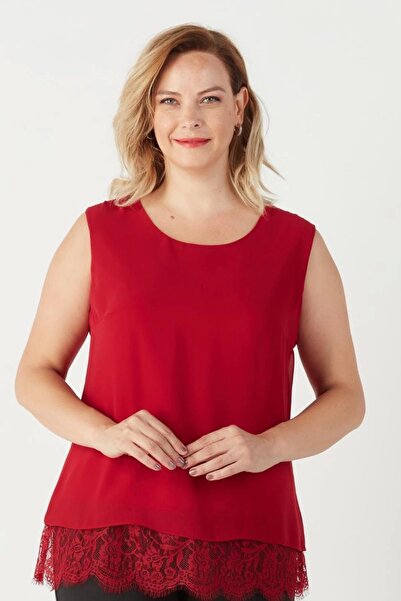 Moda Berray 3207 Etek Ucu Dantelli Şifon Büyük Beden Şık Bluz Kırmızı