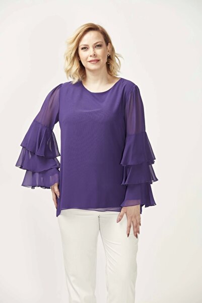 Moda Berray 28009 Kolları Fırfırlı Büyük Beden Bluz Mor