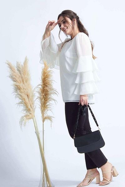 Moda Berray 28009 Large Size Blouse with Ruffled Sleeves Ecru