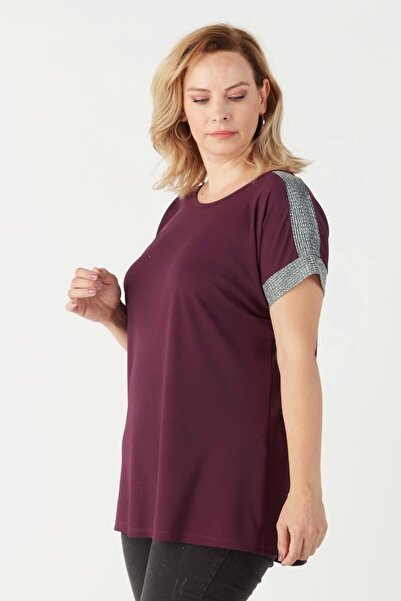 Moda Berray 3236 Parlak Omuz Detaylı Esnek Büyük Beden Şık Bluz Koyu Mürdüm