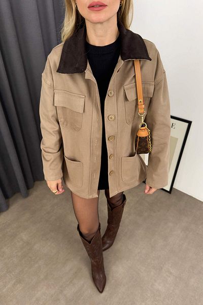Sue Store Габардиново яке с джоб с копчета и кадифена яка с цвят на кафе