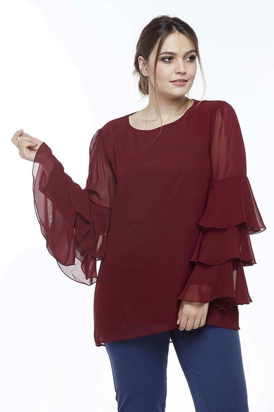 Moda Berray 28009 Kolları Fırfırlı Büyük Beden Bluz Bordo