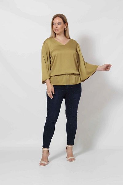 Moda Berray 3183YY Oil Green Elastic Waist Loose Sleeve Blouse