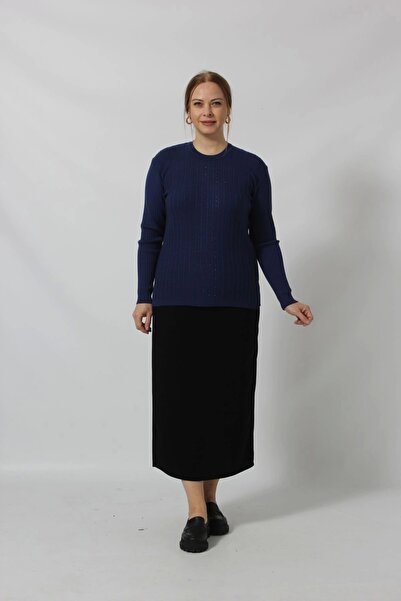 Moda Berray Taş İşleme Detaylı Çizgi Örgü Desenli Kazak