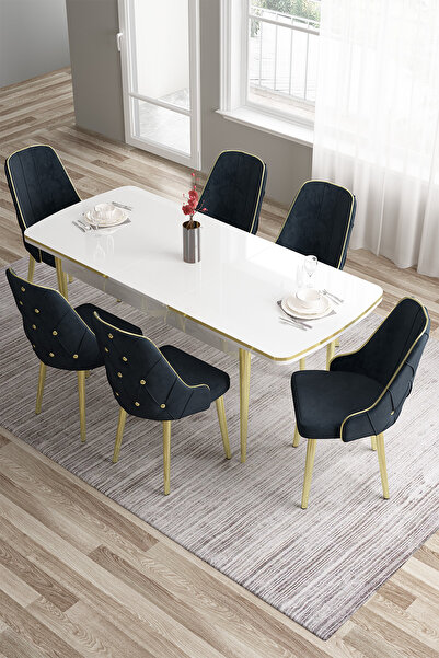 Canisa Tia Serisi 80x132 Açılabilir Mdf Beyaz Gold Detay Mutfak Masa Takımı Ve 6 Antrasit Sandalye