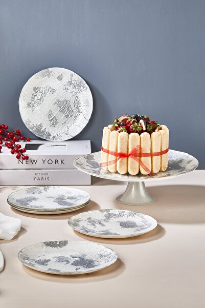 Lora Bianca Marmo White-Silver 7 Piece Cake/Cake/Dessert Presentation Plate Set