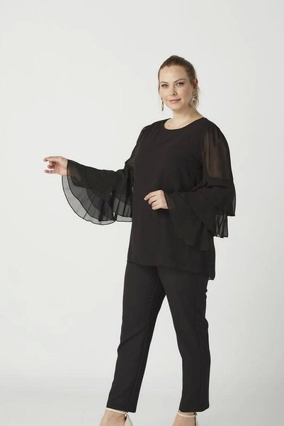 Moda Berray 28009 Kolları Fırfırlı Büyük Beden Bluz Siyah