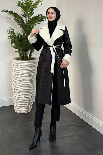 Swana Palton de damă din piele intoarsa cu blana 105 Cm - Negru