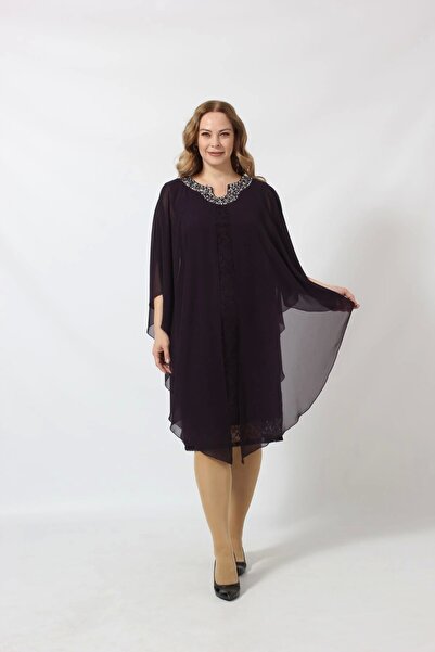 Moda Berray Yakası Taş Baskılı Fukuro Kumaş Kombinli Büyük Beden Kısa Abiye E...