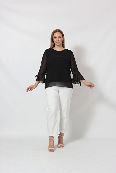 Moda Berray 3119S Siyah Kolu Valon ve Bağcık Detaylı Bluz