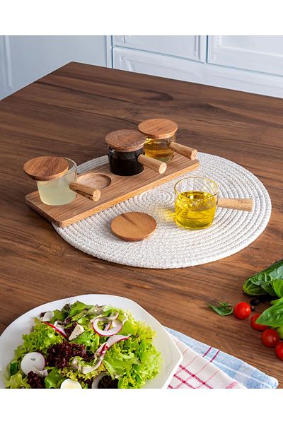 Ecolux 4-Piece Wooden Stand with Bamboo Handle Mica Mini Sauce Bowl Jam Bowl Snacks Treats Multi-Purpose Presentation Bowl