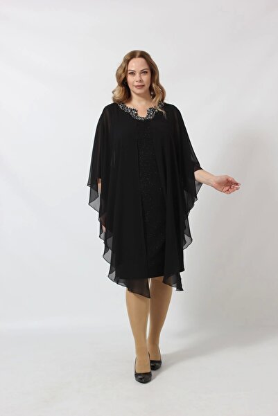 Moda Berray Yakası Taş Baskılı Fukuro Kumaş Kombinli Büyük Beden Kısa Abiye E...