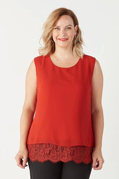 Moda Berray 3207 Etek Ucu Dantelli Şifon Büyük Beden Şık Bluz Tarçın