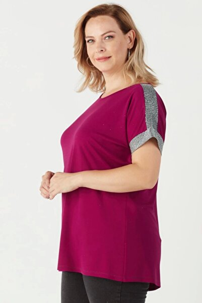 Moda Berray 3236 Parlak Omuz Detaylı Esnek Büyük Beden Şık Bluz Violet