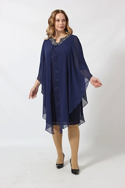 Moda Berray Yakası Taş Baskılı Fukuro Kumaş Kombinli Büyük Beden Kısa Abiye E...