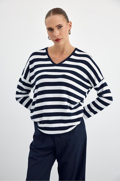 Tuba Butik Soft Texture Navy Blue/White Striped Long Sleeve Blouse