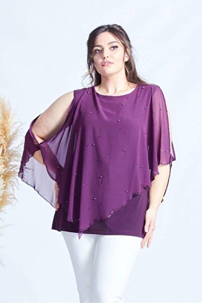 Moda Berray 4050 Mürdüm Taşlı Pelerinli Şifon Büyük Beden Şık Bluz