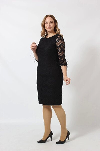 Moda Berray Kolları Tüy Detaylı Dantel Elbise Büyük Beden Kısa Abiye