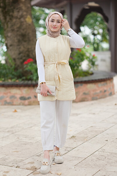 LOCCO Жіночий тонкий жилет з поясом, кремовий