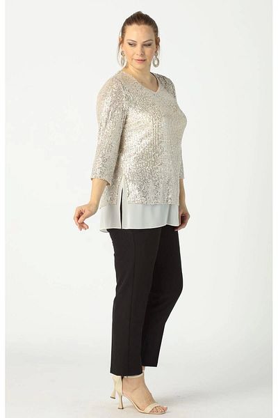 Moda Berray 28034 Sequin Plus Size Blouse Beige