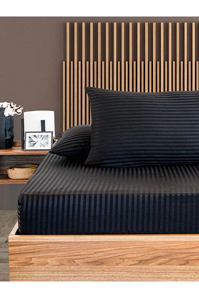Mrs.Gugar Black Cotton Striped Satin Elastic Sheet Set Single + 1 Pillow Case