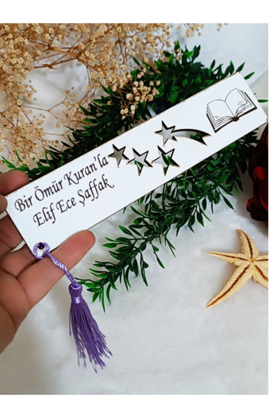 Elzem Ahşap Ahşap Kitap Ayıracı - Kişiye Özel İsim Yazılı, 5 Adet Püsküllü, L...