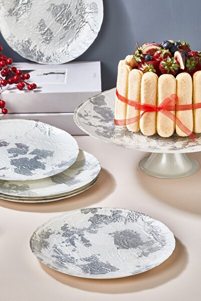 Lora Bianca Marmo White-Silver 7 Piece Cake/Cake/Dessert Presentation Plate Set