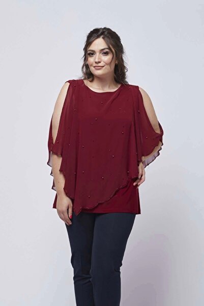 Moda Berray 4050 Claret Red Jewelled Cape Chiffon Plus Size Stylish Blouse