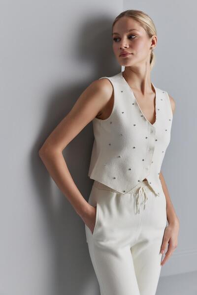 JOIN US Taş Basklıı Kuşaklı Triko Yelek