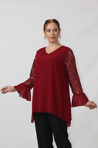 Moda Berray 1939 Bordo Kolu Pullu Şifon Büyük Beden Şık Bluz