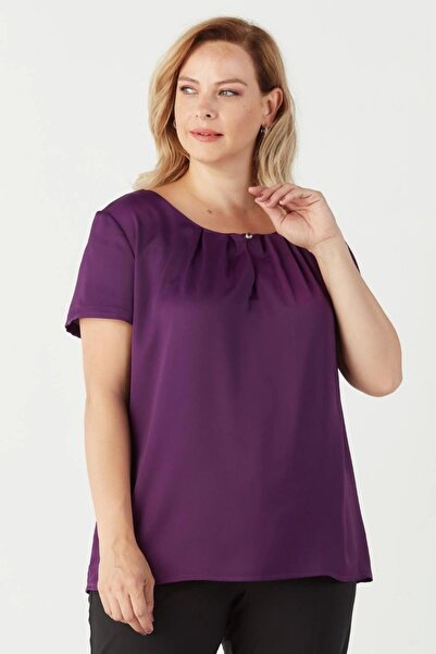Moda Berray 3202 Damla Yaka Saten Kısa Kollu Büyük Beden Şık Bluz Mürdüm