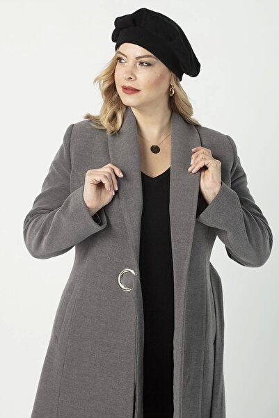 Moda Berray 932 Kadıngri Şal Yaka Kuşaklı Toka Detaylı Büyük Beden Kaşe Kaban