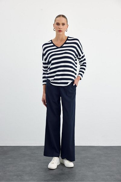 Tuba Butik Soft Texture Navy Blue/White Striped Long Sleeve Blouse