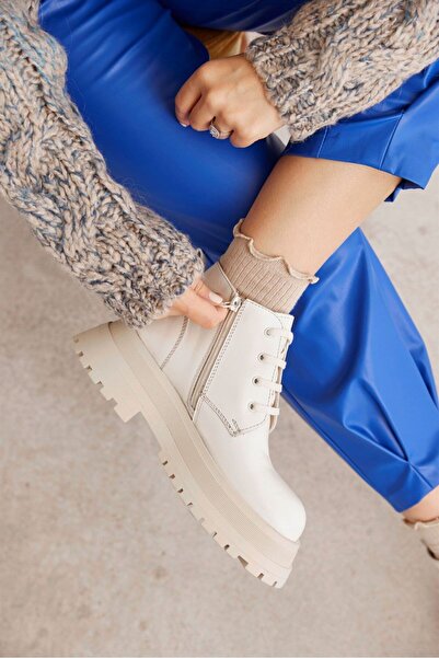 NILUFARR Γυναικείες μπότες Pars Beige Γνήσιο Δερμάτινο Χοντρό Σόλα