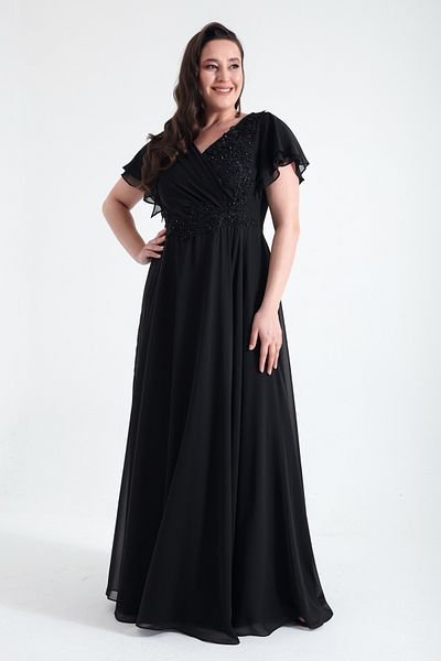 Lafaba Women's Black Double Breasted Jewelled Long Chiffon Evening Dress