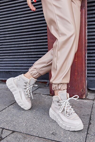 NILUFARR Candy Bej Hakiki Deri Kadın Sneaker Bot