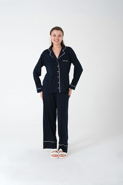 Kyron Women's Navy Blue Long Sleeve Buttoned Pajama Set - Soft and Comfortable Fabric